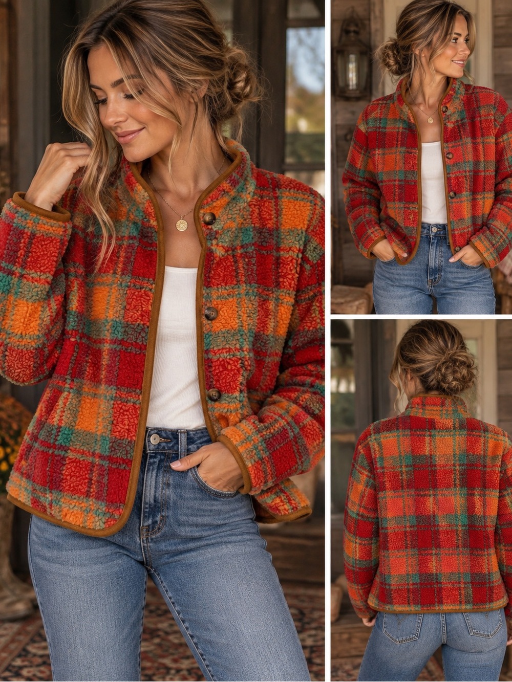 Cider, Plaid, Teddy Fleece Cropped Jacket, Fall, Preppy, #943CL